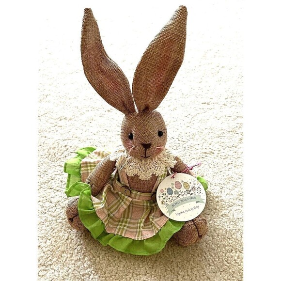 Bunny Boulevard Easter Bunny Rabbit Plush Floppy Ear Pink Gingham Dress Brown - Picture 1 of 9
